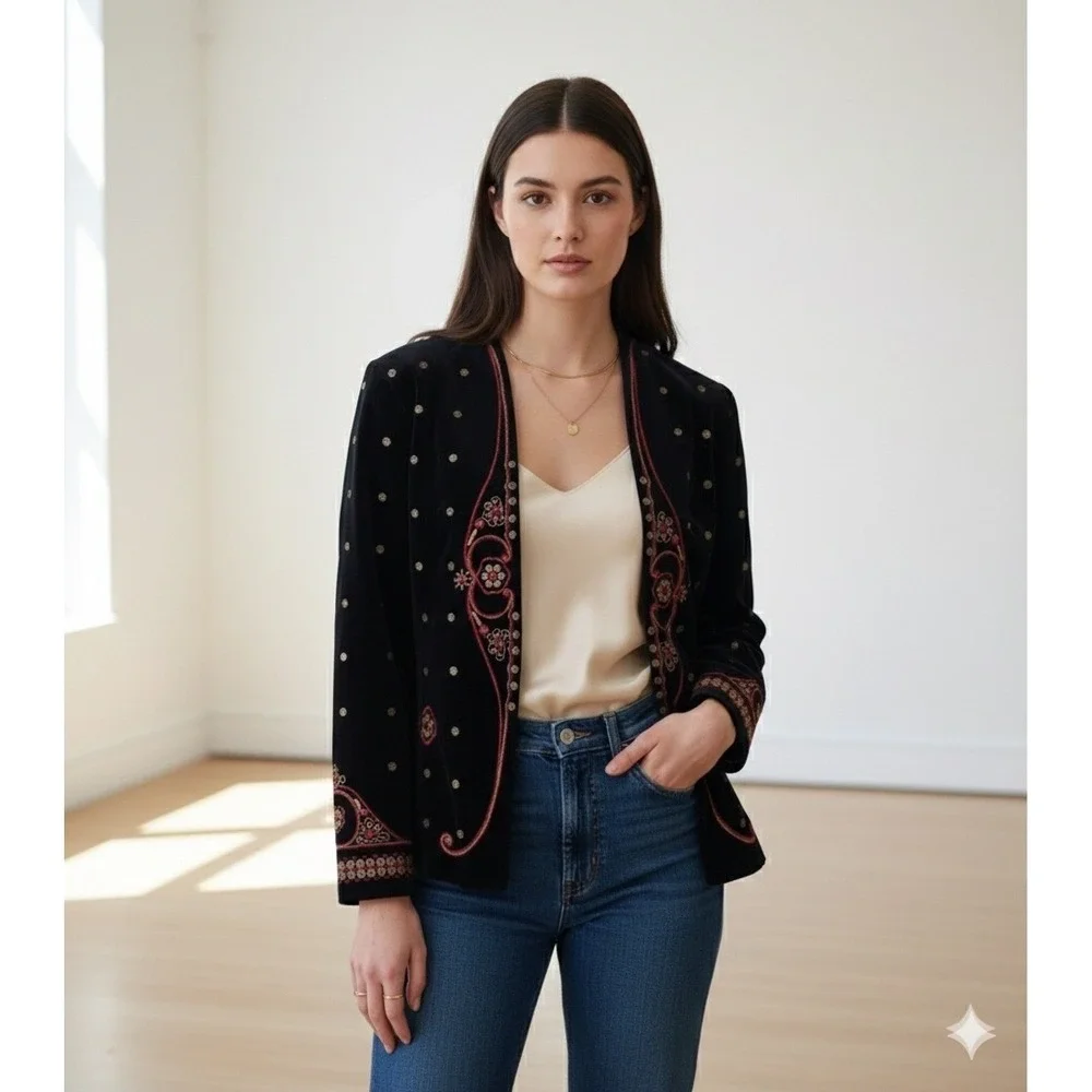 AMPM Ankur Modi Priyanka Modi Black Velvet Embellished Jacket Sz M Lux Old Money